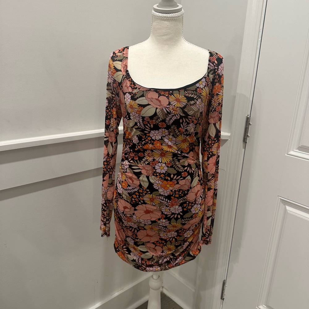 Festive Boho Hippie Alter’d State feminine Multicolor Floral Long Sleeve Dress